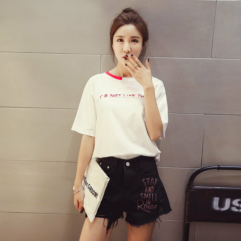 FINDSENSE G5 韓國時尚 夏季 拼色 圓領 貼佈 字母 短袖 破洞 T恤 上衣