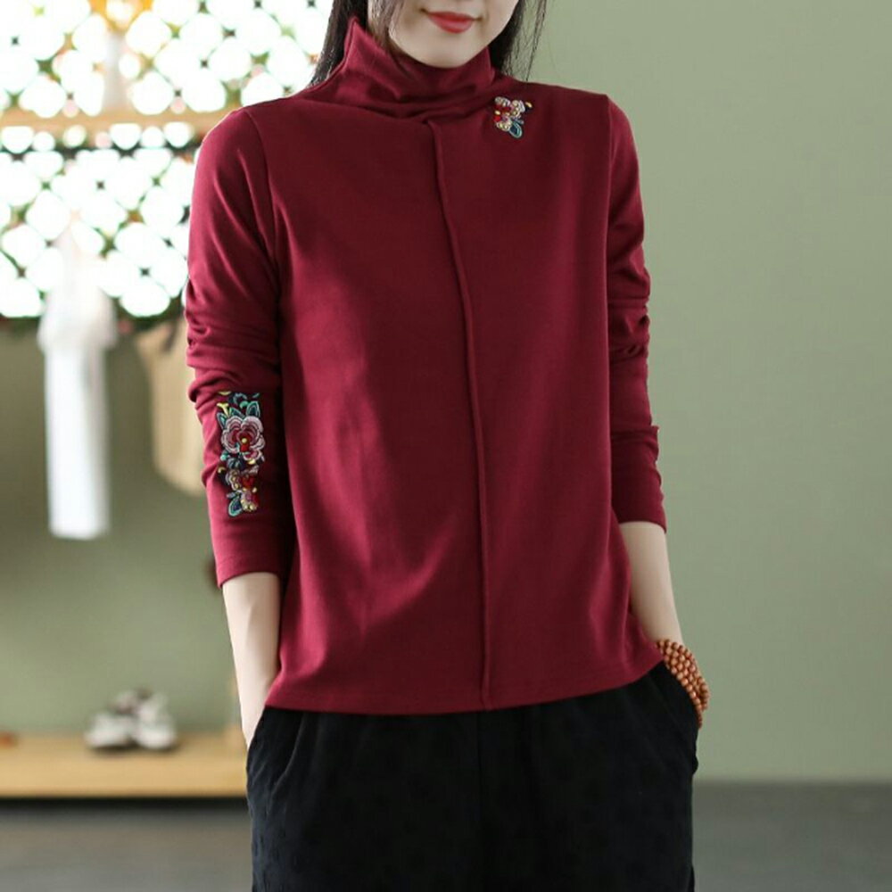 ＊ORead＊民族風刺繡半高領磨毛T恤上衣(4色M~4XL)【限定加碼✿全館滿額再折】