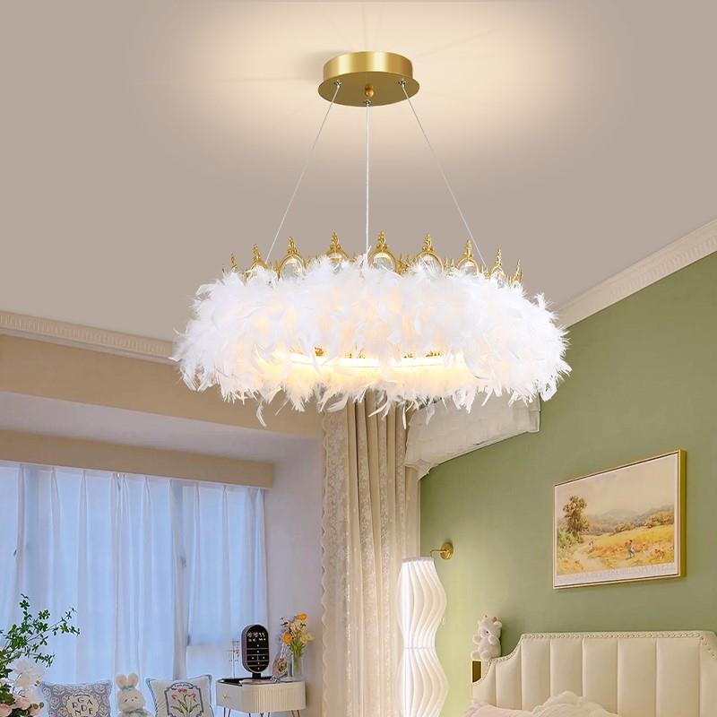 北歐臥室吊燈現代輕奢浪漫奶油高檔大氣主房間餐廳客廳皇冠羽毛燈