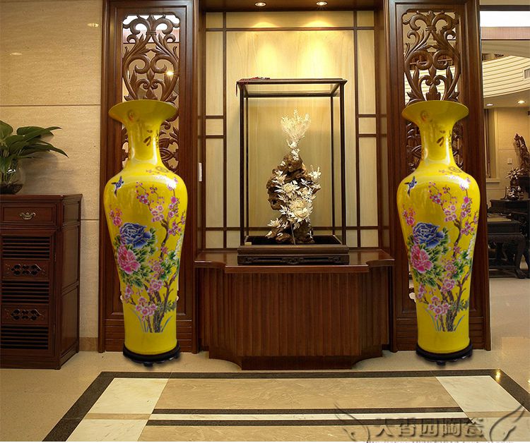 包郵景德鎮大型陶瓷客廳落地大花瓶黃釉牡丹花開富貴家居擺件花瓶