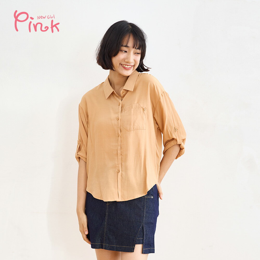 Pink* 翻領休閒素色上衣(2色) Y5204BD