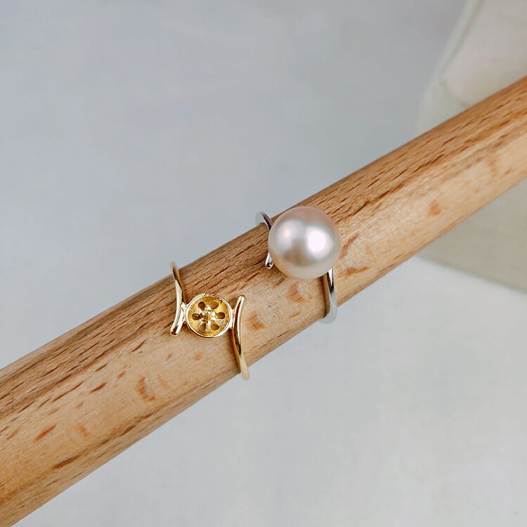 DIY珍珠配件 S925純銀珍珠戒指空托可調節時尚款 配8-10mm圓扁珠