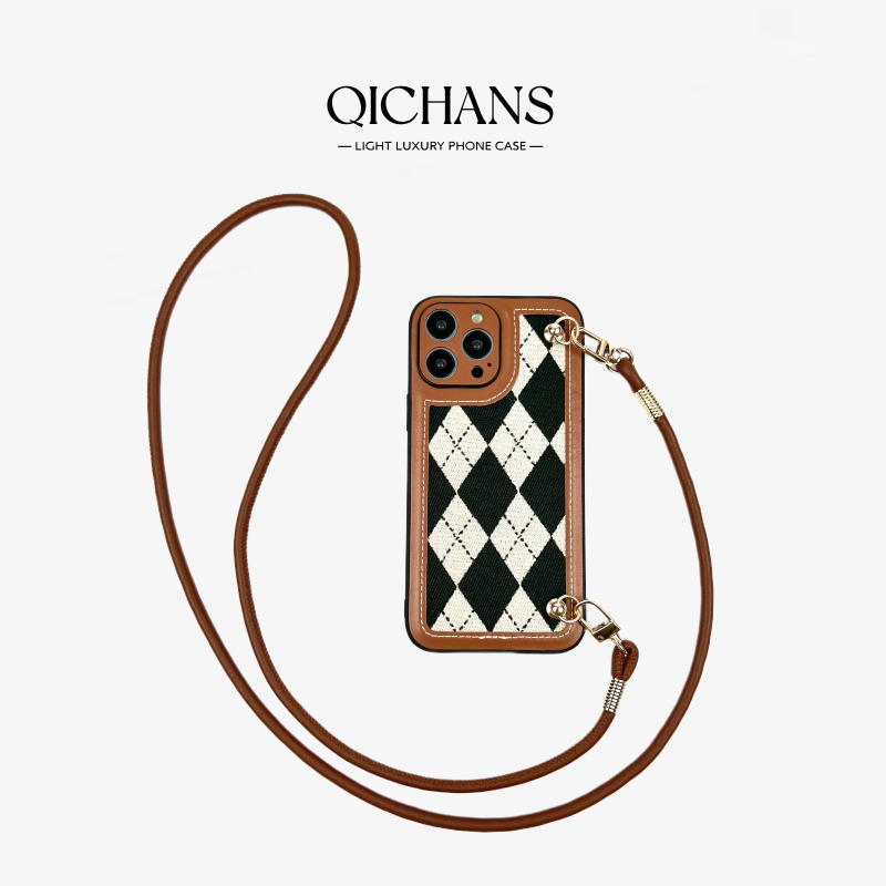 QICHANS七橙仕高階感菱格適用於蘋果iPhone15/14/13/12/11/Plus/Promax手機殼（斜挎可背帶掛繩鏈條 新款）