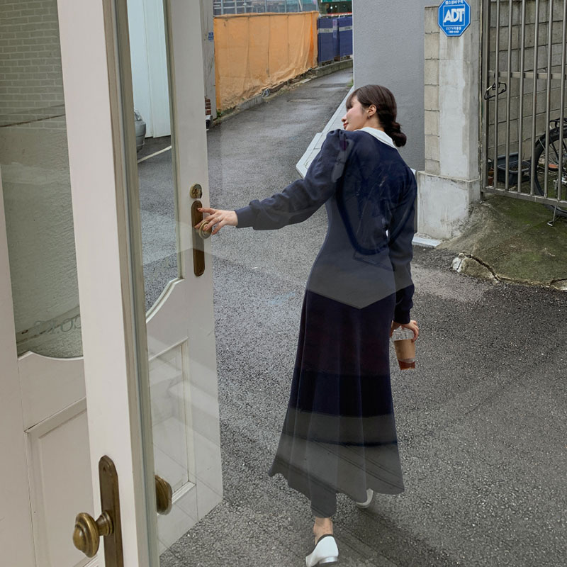 ANNAS 正韓 POLO領魚尾洋裝 顯腰身洋裝 長袖連身裙 長洋 長裙 長洋裝 襯衫 顯瘦 縮腰 文青 V領 韓國 6