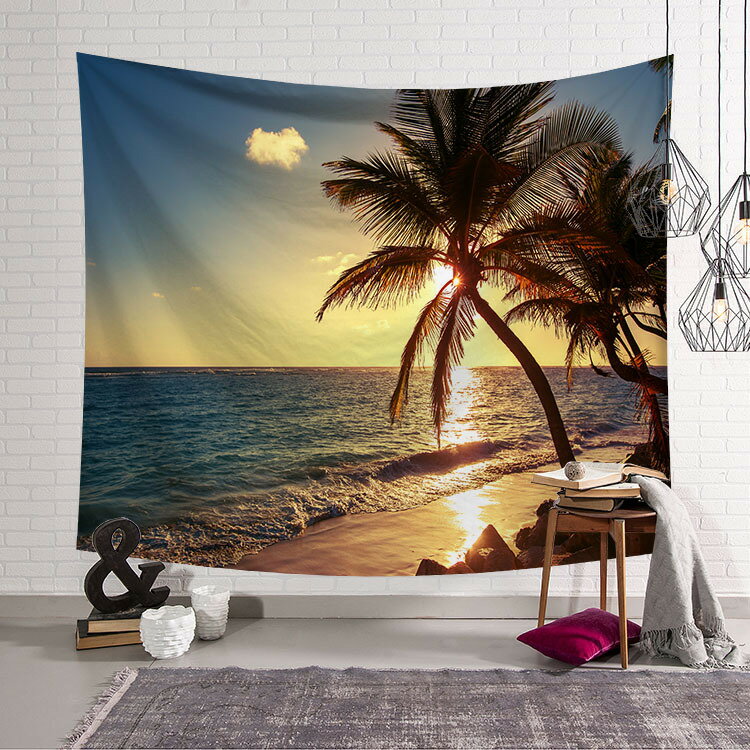 北歐ins大海沙灘椰樹掛布海邊日出背景布沙發蓋布臥室床頭布桌布