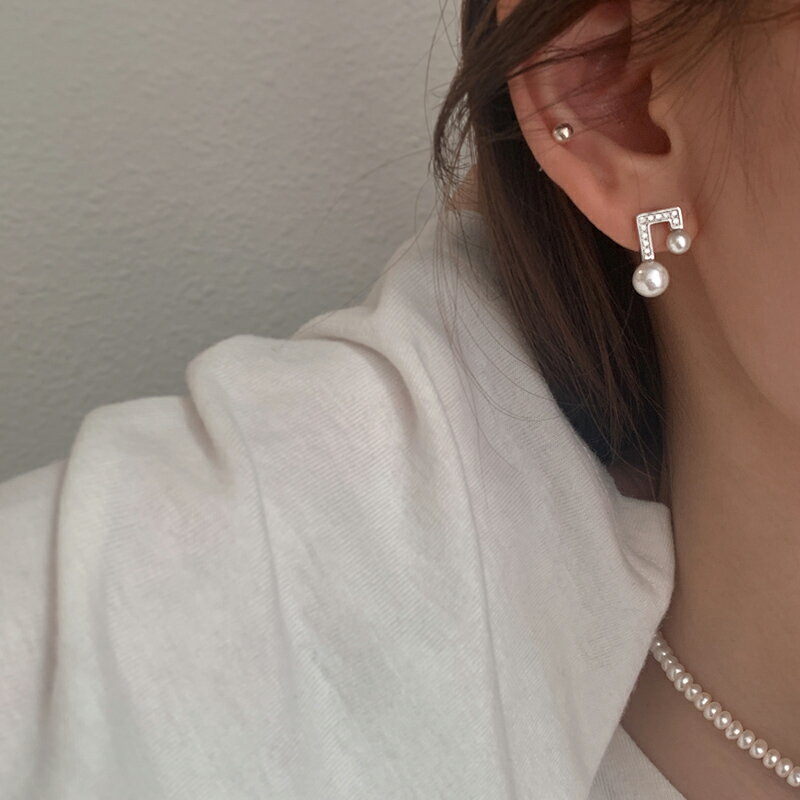 小寶s925純銀珍珠音符耳環2022年新款潮女精致氣質簡約高級感耳釘