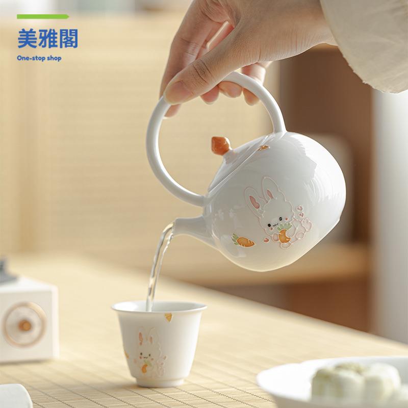 墨己玉泥白瓷手繪萌兔提樑壺家用泡茶壺球孔過濾功夫茶具日式茶壺myg8021