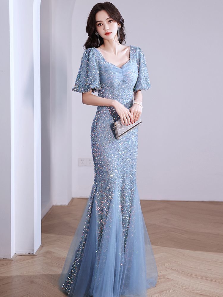 年會晚禮服洋裝連身裙 晚禮服女2023新款藍色輕奢小眾高端宴會氣質魚尾亮片高級感主持裙