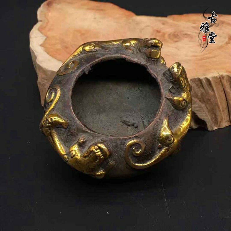 古玩古董純銅鎏金貔貅小香爐圓形老包漿小獸香爐圓形銅器擺件1入