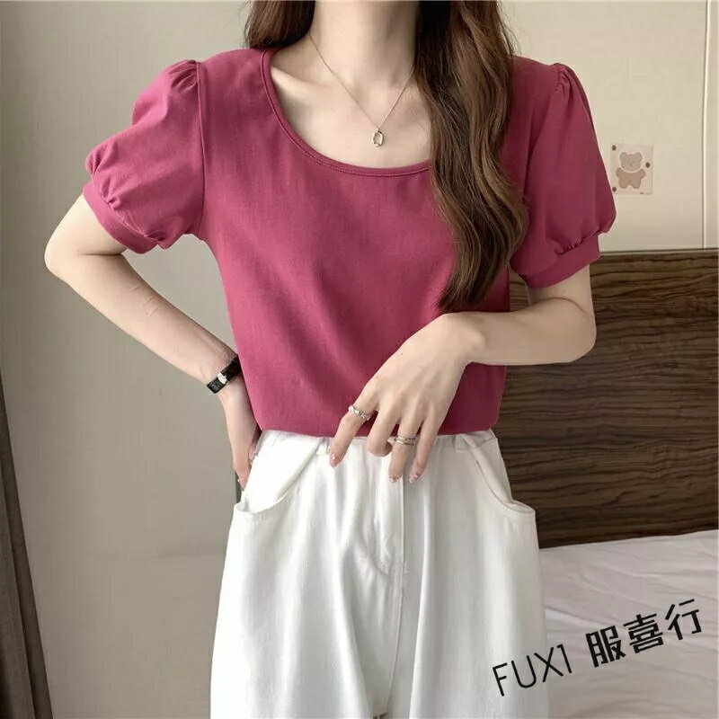 FUXI 韓版寬鬆短袖t恤女 泡泡袖上衣 法式設計感圓領修身顯瘦T恤 素色百搭短袖上衣【A378】