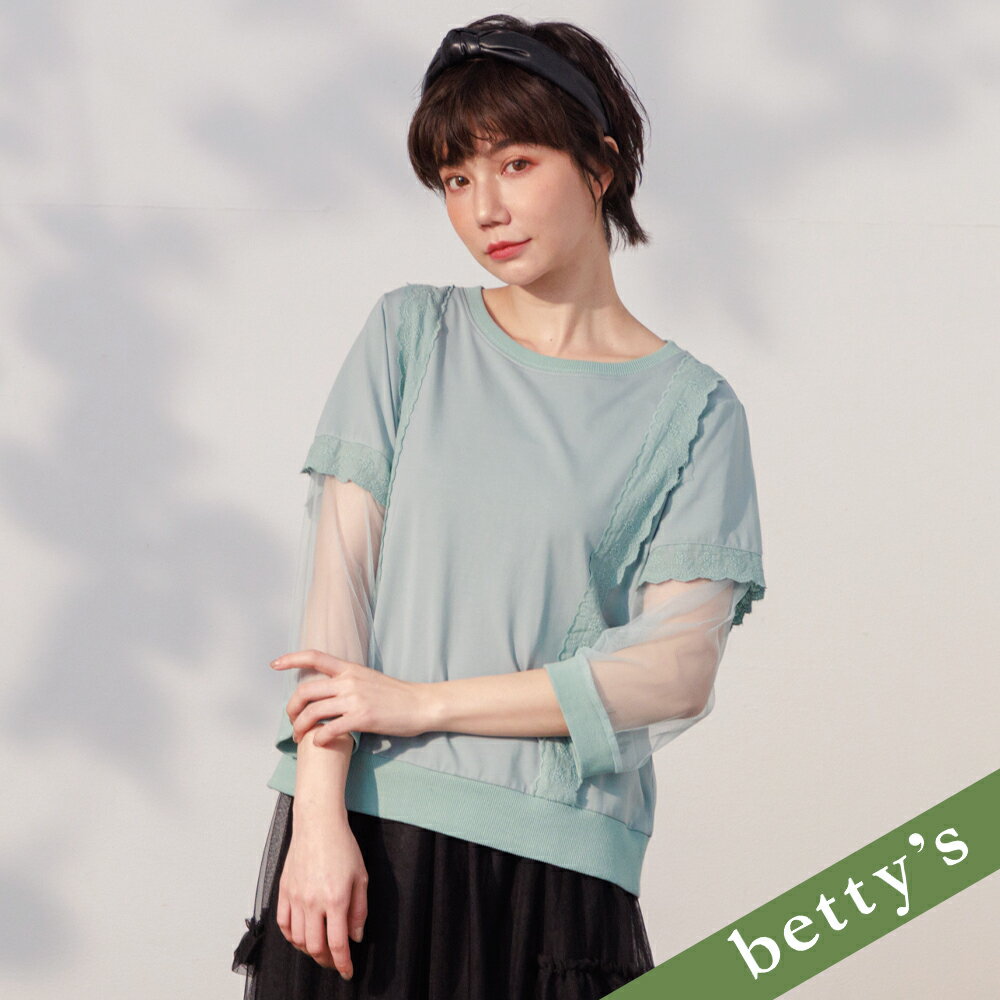 betty’s貝蒂思 袖子網布蕾絲拼接上衣(淺綠)