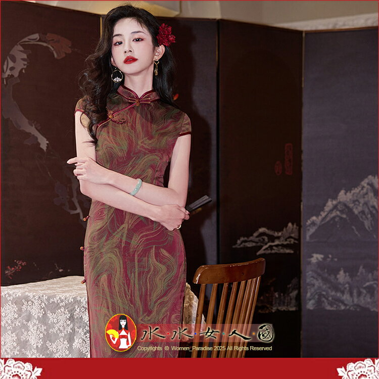 春夏新款印花長旗袍年輕款媽媽小包袖改良復古老上海日常可穿連身裙長款開衩洋裝-雲霞(紅色)-水水女人國