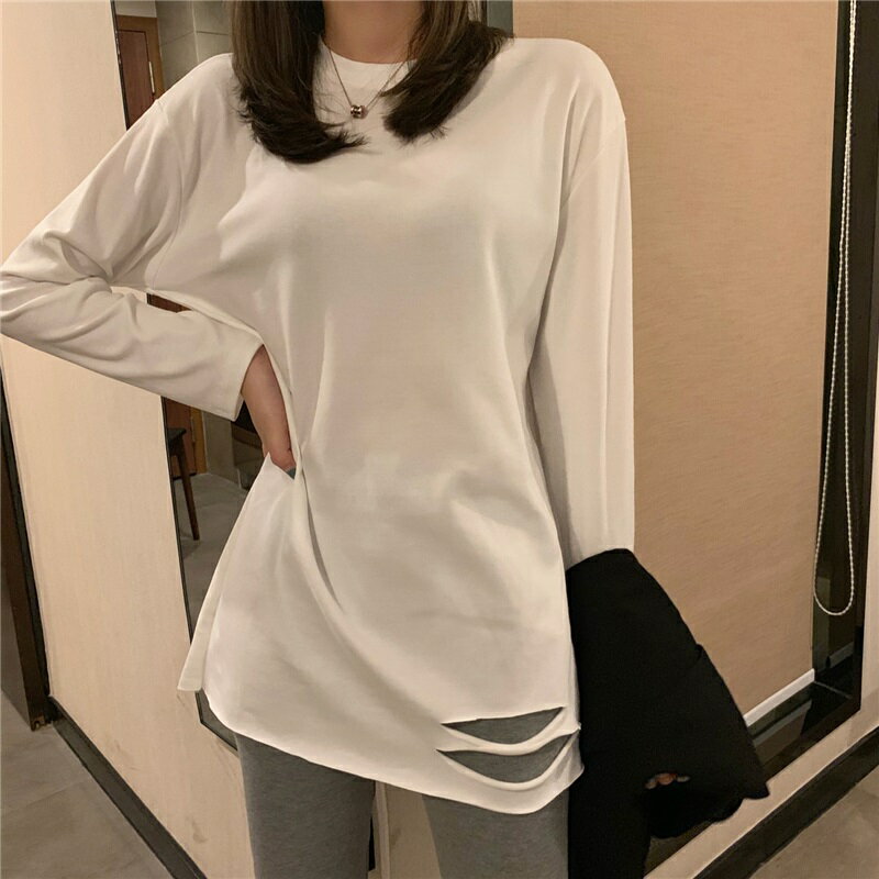 超火長袖T恤女秋冬加絨韓版破洞中長款上衣洋氣內搭打底衫新 1