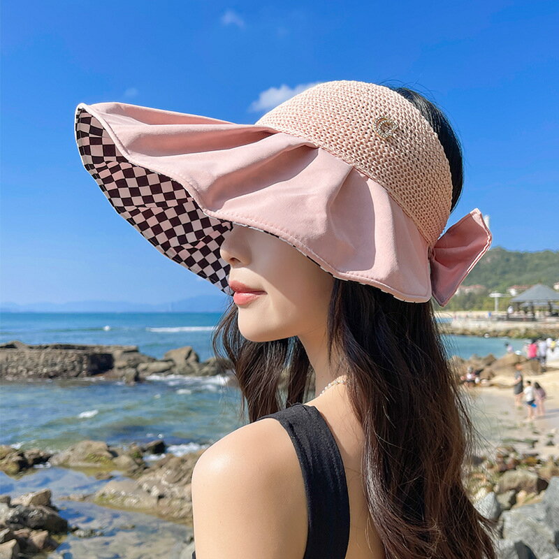 夏季防曬透氣空頂帽子新款女士大沿蝴蝶結魔術貼無頂戶外運動遮陽