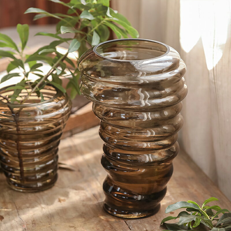螺紋玻璃花瓶設計感廣口灰色復古小眾透明養花水培花器餐桌插花