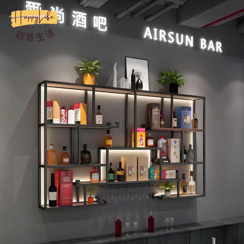 工廠現貨 免運 附發票 置物架 墻上置物架 收納架 整理架 酒杯架 壁掛架 吧臺紅酒架不銹鋼酒櫃定製中式靠墻鐵藝壁掛置物架掛墻發光展示架新店開業/售後保障 c12