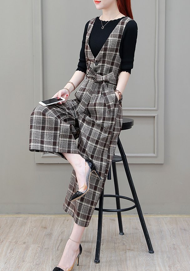 FINDSENSE品牌 秋季 新款 韓國 氣質 純色針織上衣+復古格紋背帶褲 顯瘦 二件套 時尚 潮流套裝