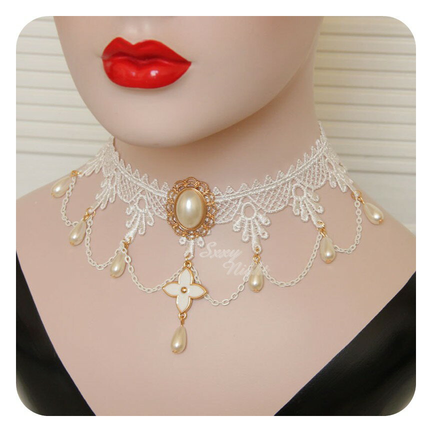 華麗新娘~蕾絲珍珠脖頸項鍊飾品《H1382》