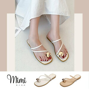 【 Mimistyle】圓型幾何金屬感裝飾時尚平底拖鞋 (台灣現貨)