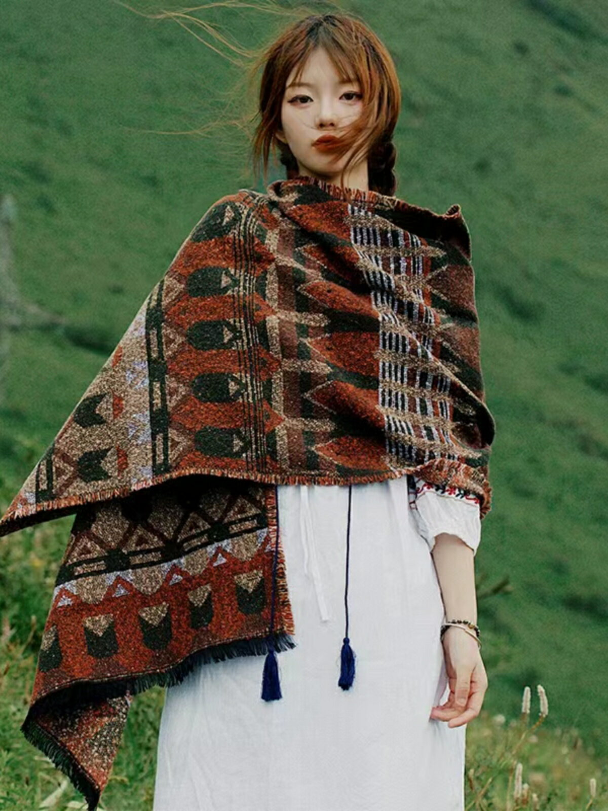 歐美民族風披肩女新疆西藏旅游拍照穿外搭川西斗篷兩用圍巾女冬季 全館免運