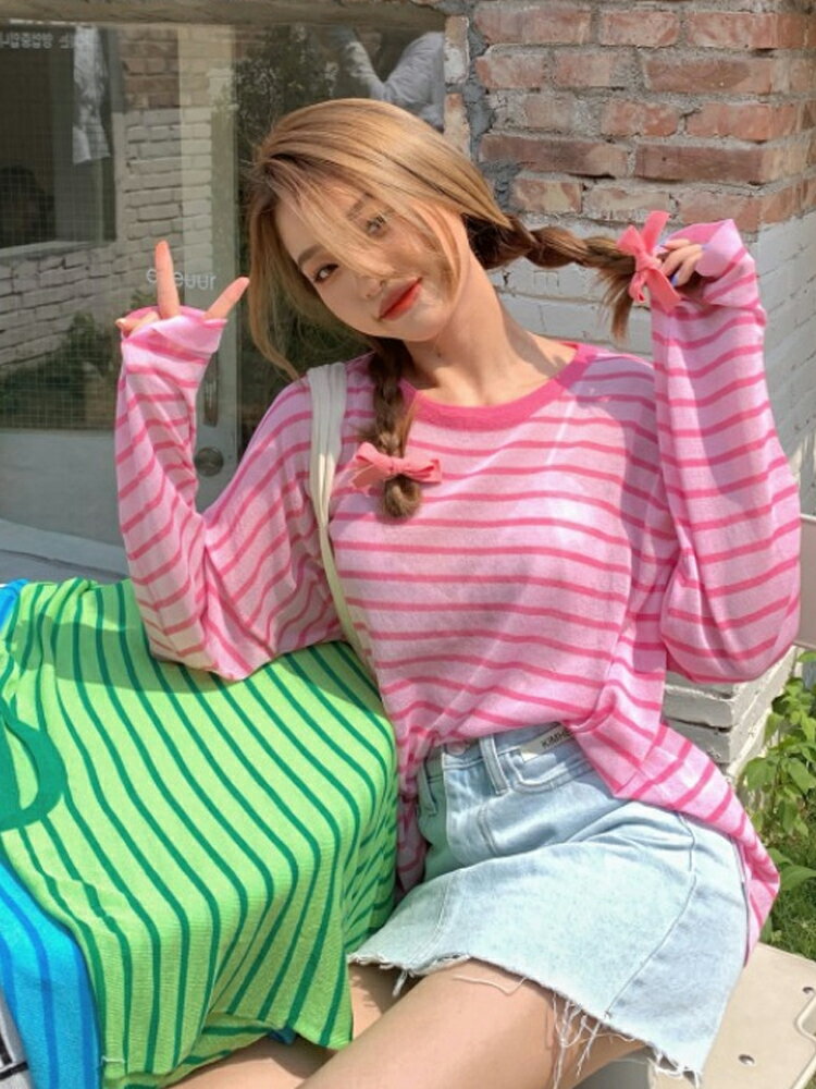 防曬衫撞色條紋圓領長袖t恤女新款夏季韓版寬松顯瘦百搭上衣