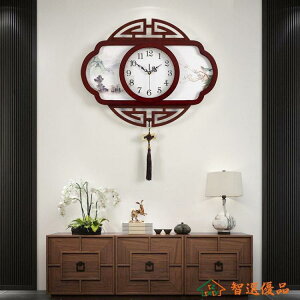 掛鐘 新中式古典木掛鐘客廳裝飾中國風鐘錶家用靜音時鐘大氣創意石英鐘 快速出貨
