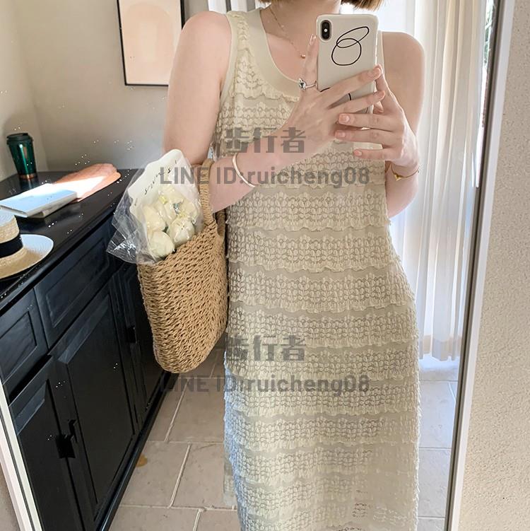 法式無袖背心裙女夏大碼顯瘦遮肉蕾絲連衣裙直筒氣質吊帶長裙【步行者戶外生活館】