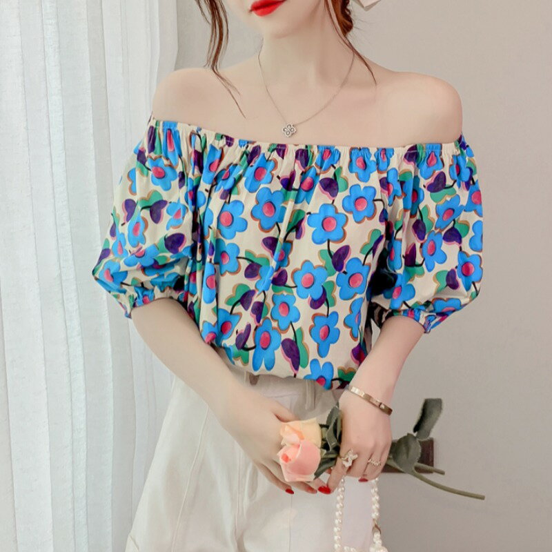 復古碎花朵一字領露肩上衣夏季新款短袖襯衫女設計感小眾