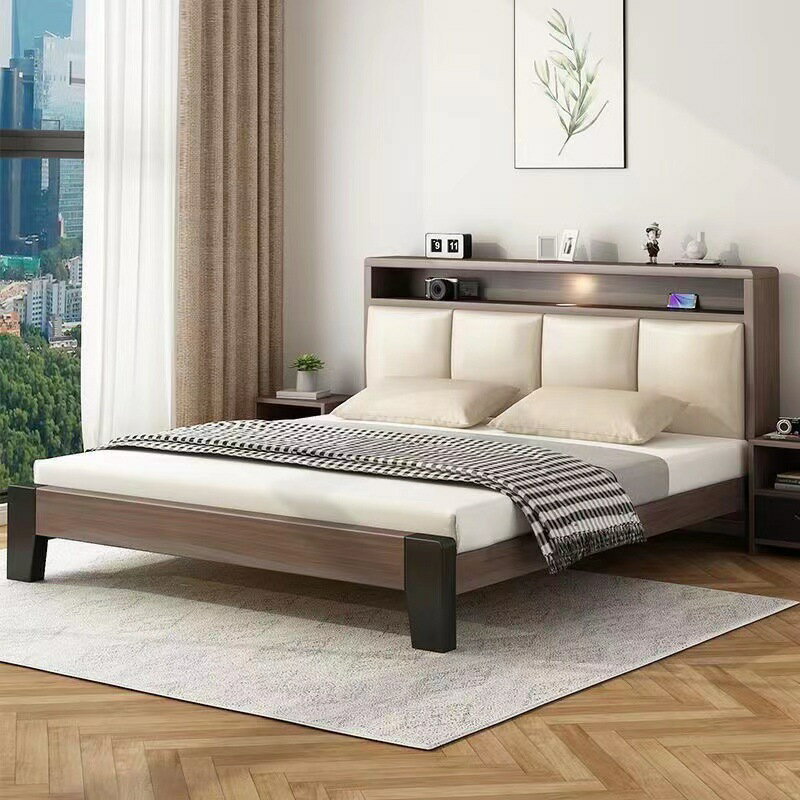APP下單享點數9% 現代簡約家用實木床1.8米雙人床1.5米主臥1.2米單人床出租房床架