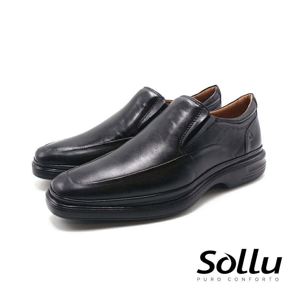 Sollu 巴西專櫃 真皮小方頭輕盈舒適記憶墊皮鞋-黑