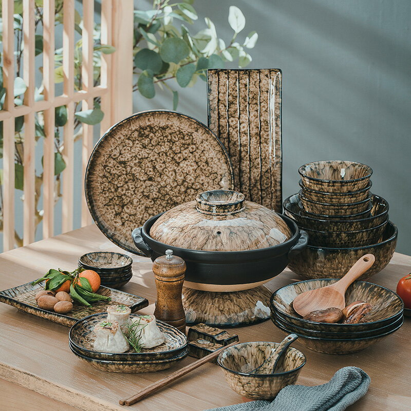 創意和風碗碟日式餐具套裝家用復古個性景德鎮釉下彩碗筷窯變盤子