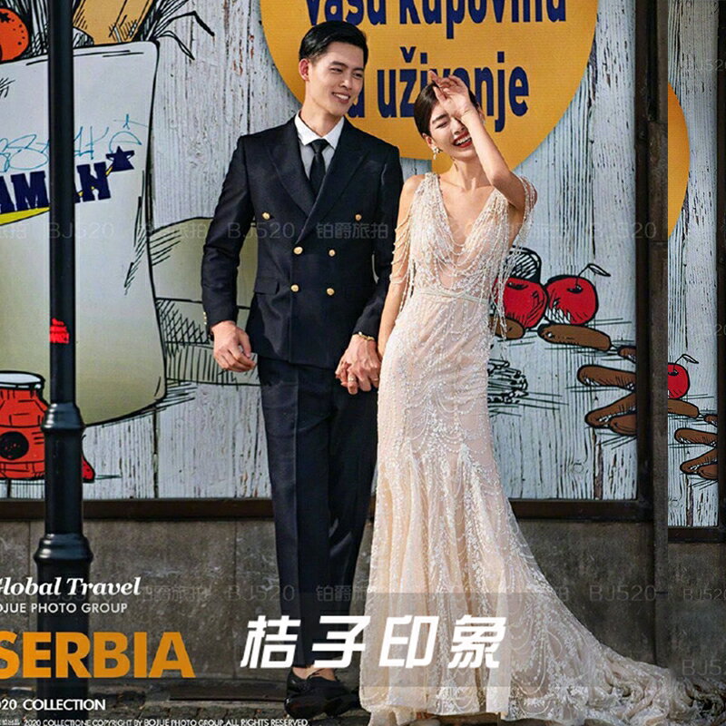 新款影樓拍照婚紗女情侶主題服裝工作室攝影寫真修身收腰魚尾禮服