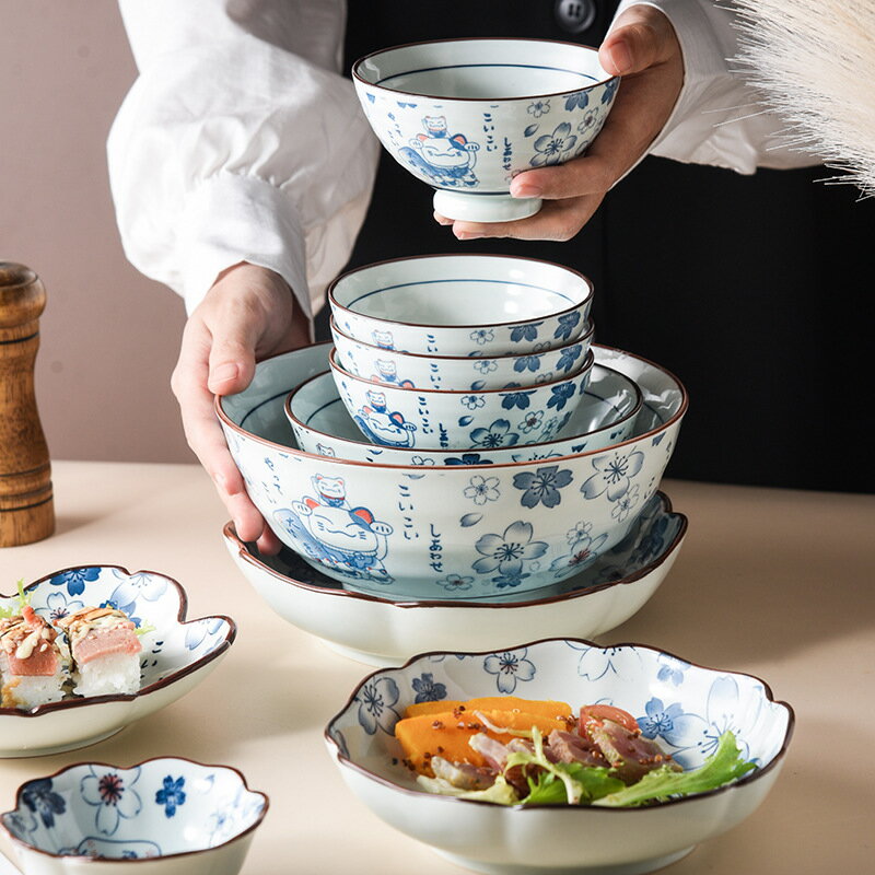 日式卡通招財貓餐具烘焙盤子陶瓷碗碟面碗櫻花飯碗湯碗ins沙拉碗