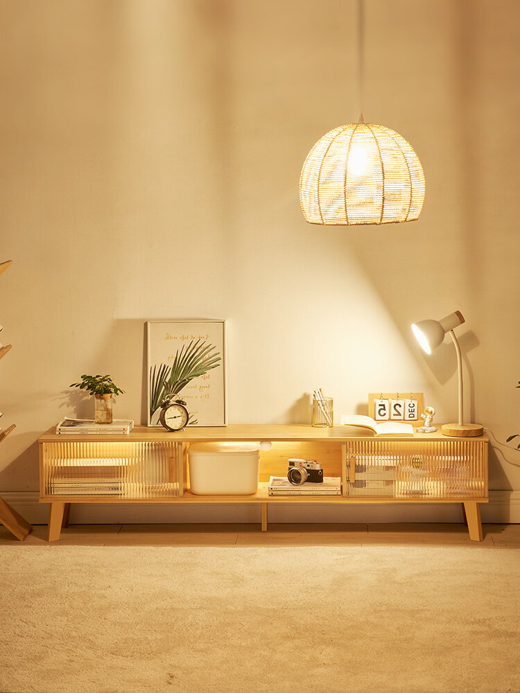 優樂悅~電視柜茶幾組合客廳家用日式簡約現代實木小戶型長虹玻璃原木色