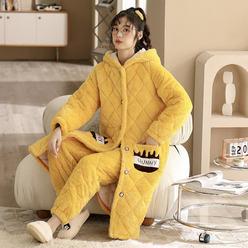 連帽睡袍女冬季加厚加絨珊瑚絨三層夾棉保暖開衫可外穿家居服套裝
