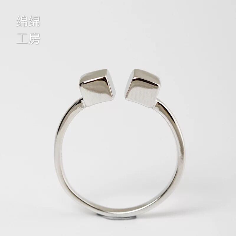 國風s925純銀幾何方塊可調節簡約開口戒指女光面戒指