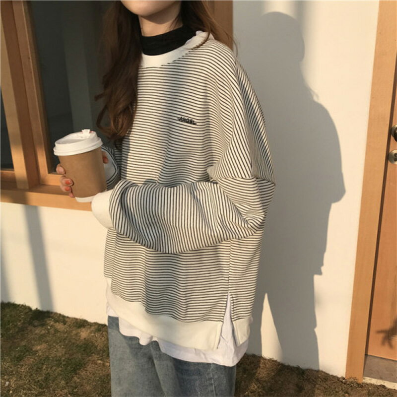 超火cec假兩件衛衣女秋季寬松韓版ins慵懶風bf條紋上衣服外套