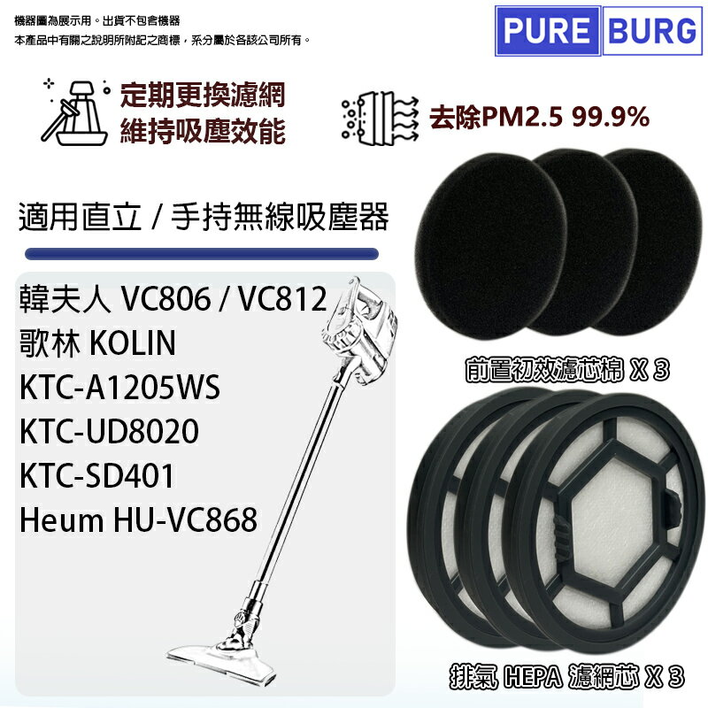 適用歌林KOLIN KTC-A1205WS UD8020 SD401 韓夫人VC806 VC812 韓國 Heum HU-VC868無線吸塵器HEPA濾網芯+前置濾棉 (3入組)