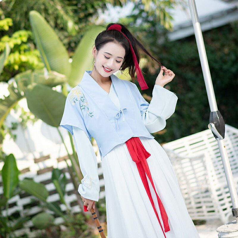 復古學生中國風傳統日常改良漢服女半臂刺繡外套上衣兩件套春秋款1入