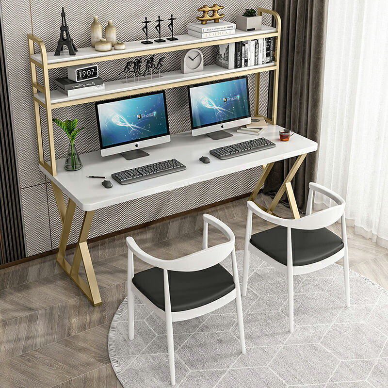 實木白色書桌書架一體桌組合臥室臺式電腦桌家用雙人靠墻學習桌子