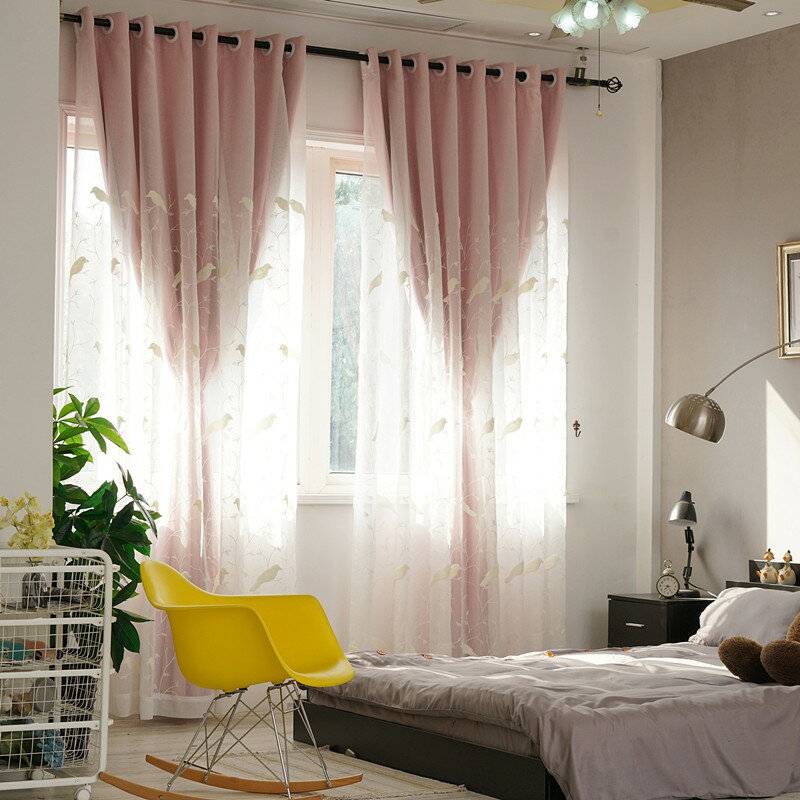 【立體可愛花紋】雙層遮光窗簾 網紗窗簾 棉麻底紗 小清新風格 隔熱性佳 -藍/粉/綠/米/灰【AAA3361】 3