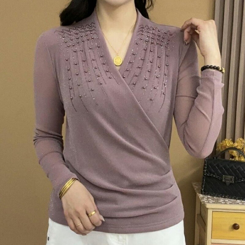 【巴黎精品】現貨+預購 高級蕾絲上衣長袖雪紡衫網紗拼接氣質打底衫休閒女裝-釘珠V領抓皺女上衣3色a1kw49