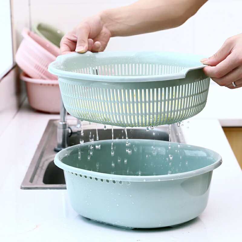 素色雙層洗菜盆廚房圓形瀝水盆塑料家用水果籃瀝水籃洗菜籃子漏盆