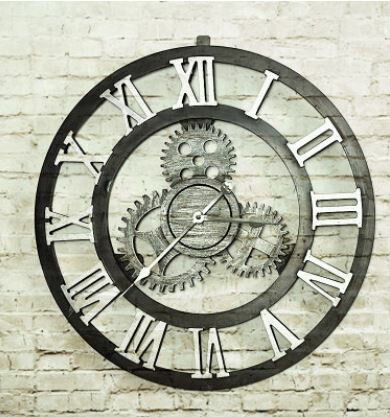 美琪 (工業風)미국인美式復古做舊齒輪掛鐘 木質創意掛鐘 客廳酒吧掛飾壁鐘