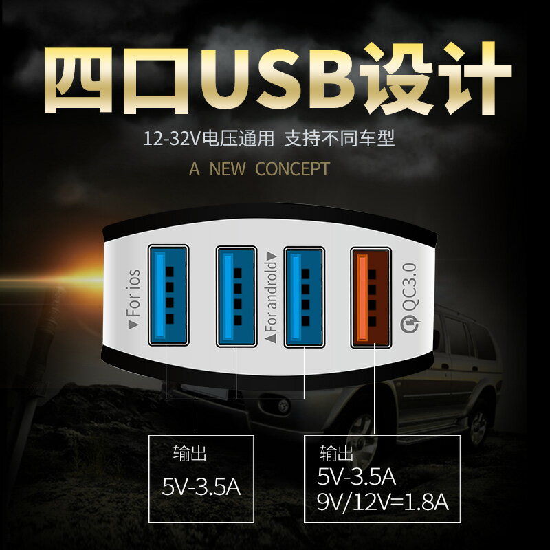 車載充電器一拖三四汽車用品多功能點煙器轉換插頭usb智能快充快速一拖二點煙口3A手機充電頭擴展口12V24V 1