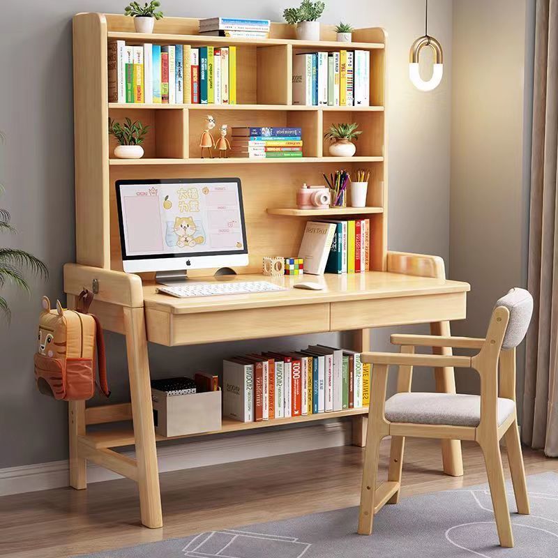 【限時優惠】實木書桌兒童學生寫字桌子書架組合一體桌臺式電腦桌簡約家用臥室