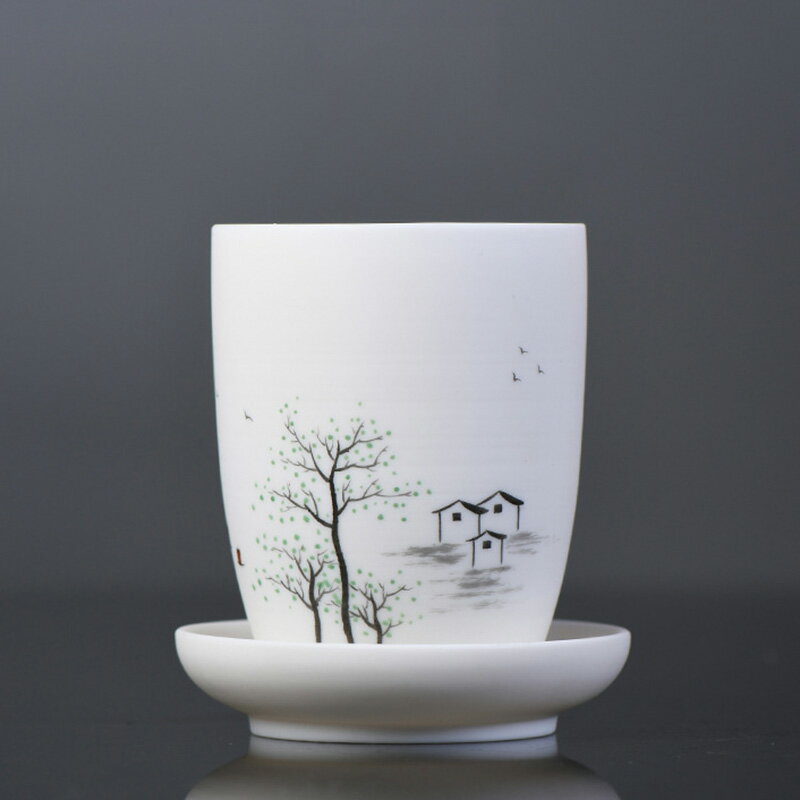 陶瓷水杯白瓷喝茶杯個人杯帶蓋帶托盤簡約中式手工羊脂玉杯子家用
