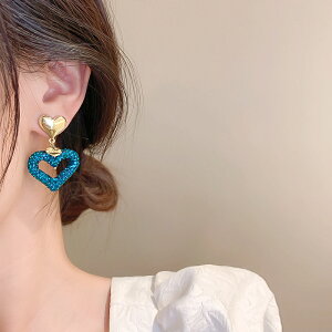 925銀針滿鉆藍色鏤空愛心耳環女歐美復古耳墜高級感時尚夸張耳飾