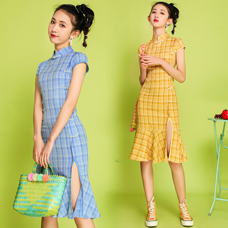 新款黃色旗袍年輕款少女改良中國風連衣裙學生格子魚尾中長款