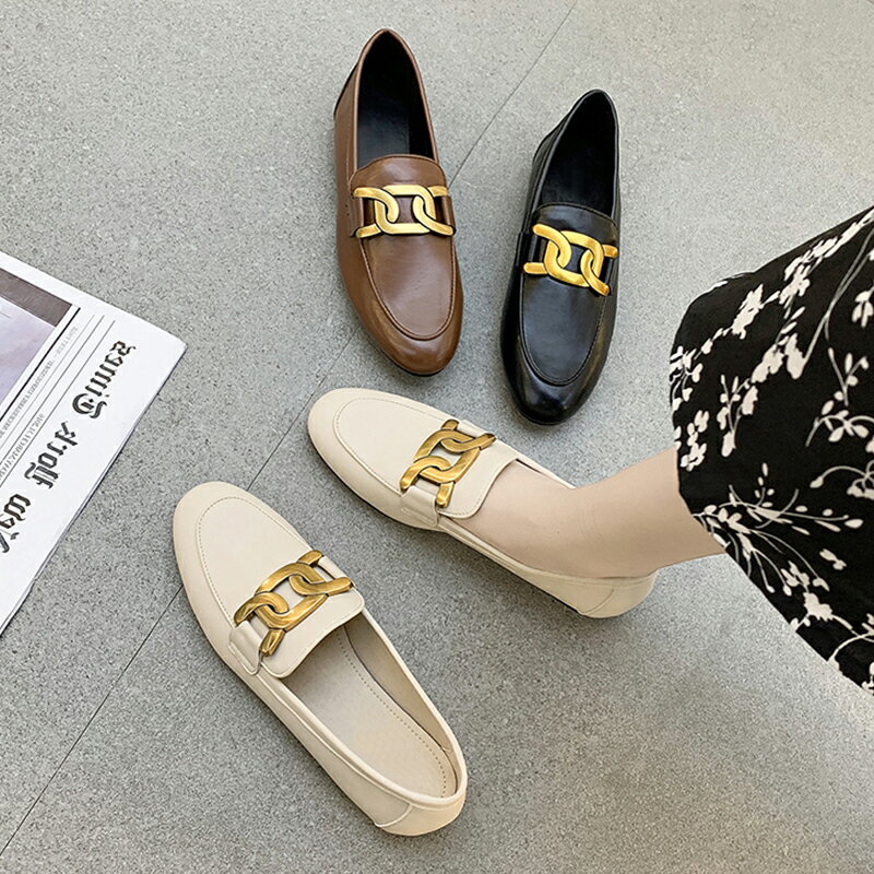 軟皮樂福鞋女2021春季新款復古金扣粗跟單鞋一腳蹬懶人平底小皮鞋